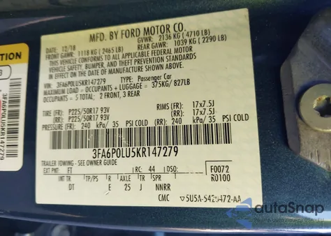 2019 Ford Fusion Hybrid Se z USA, uszkodzony, nr VIN 3FA6P0LU5KR147279